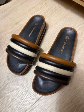 Tory Burch Brown Black Cream Multi-Strip Slide Mules